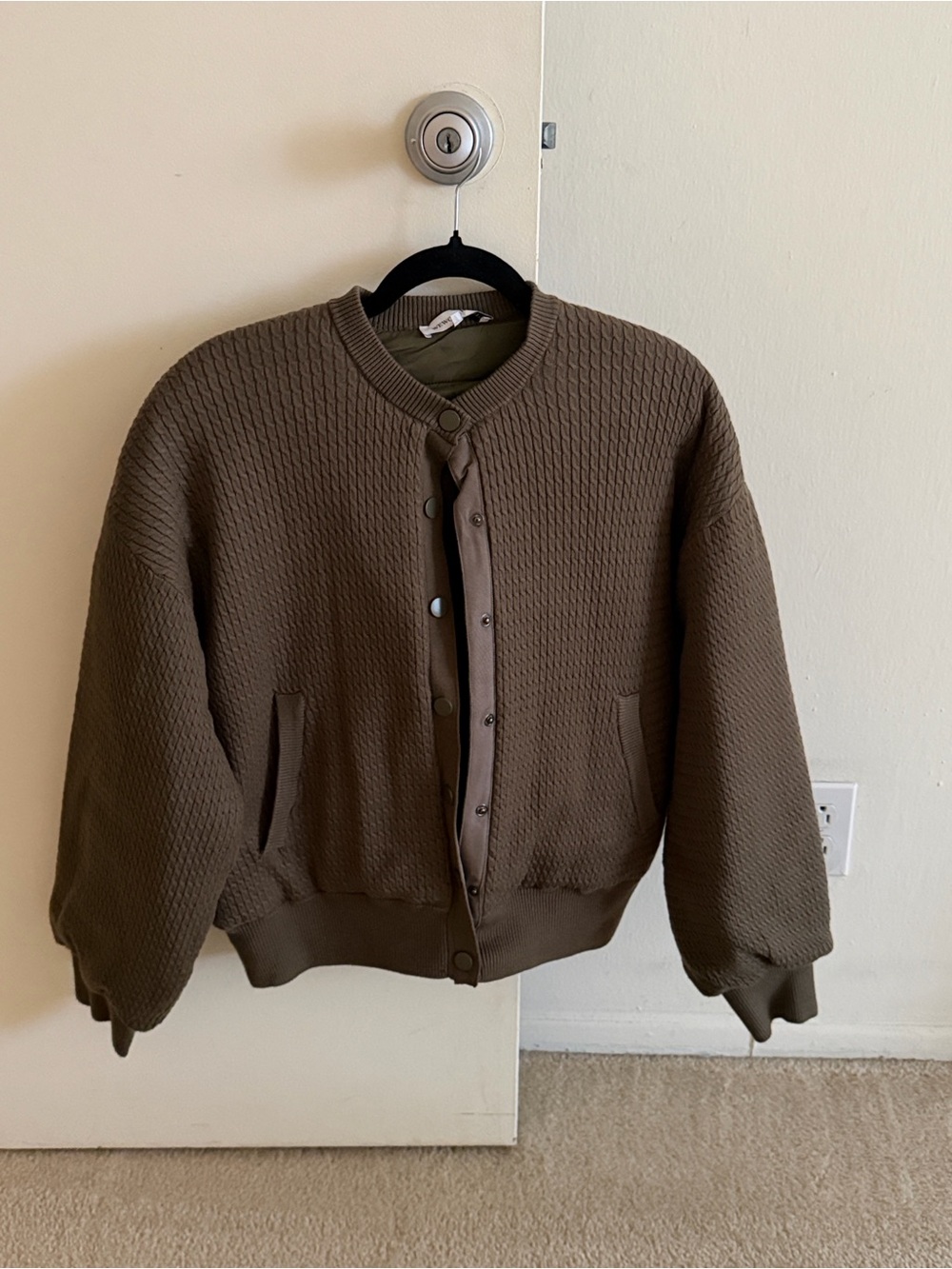 WeWoreWhat Olive Green Quilted Crewneck Bomber Sweater